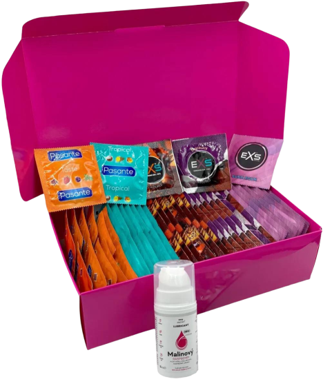 Set prezervative aromate - Tasty pack (72 ks) + SE Raspberry Lubricating Gel 15 ml + cătușe din silicon Handcuffs