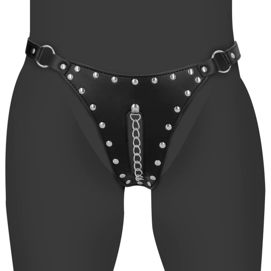 Ouch! PU Leather Chastity Thong with Chain Detail
