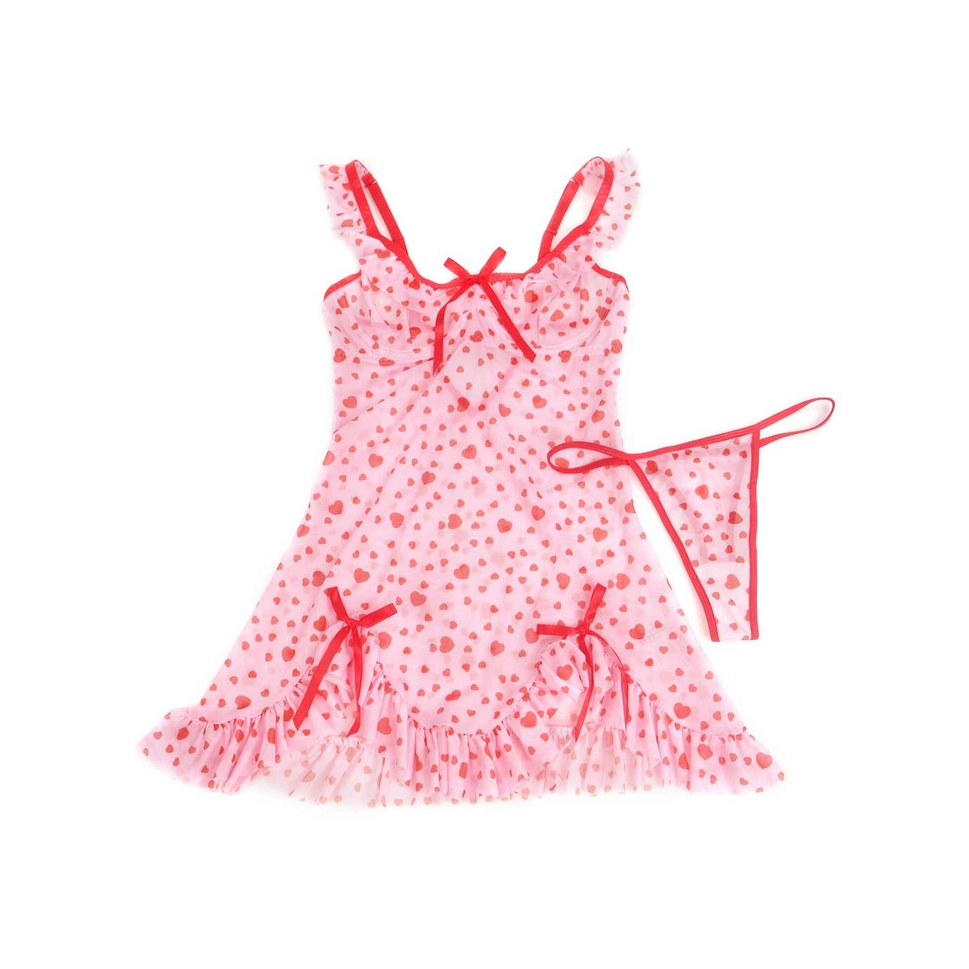 Pink Heart Printed Mesh Ruffled Sexy Nightdress