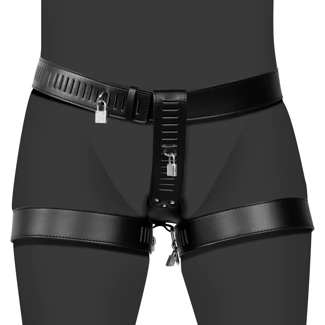 Ouch! PU Leather Female Chastity Belt with Leg Restraint