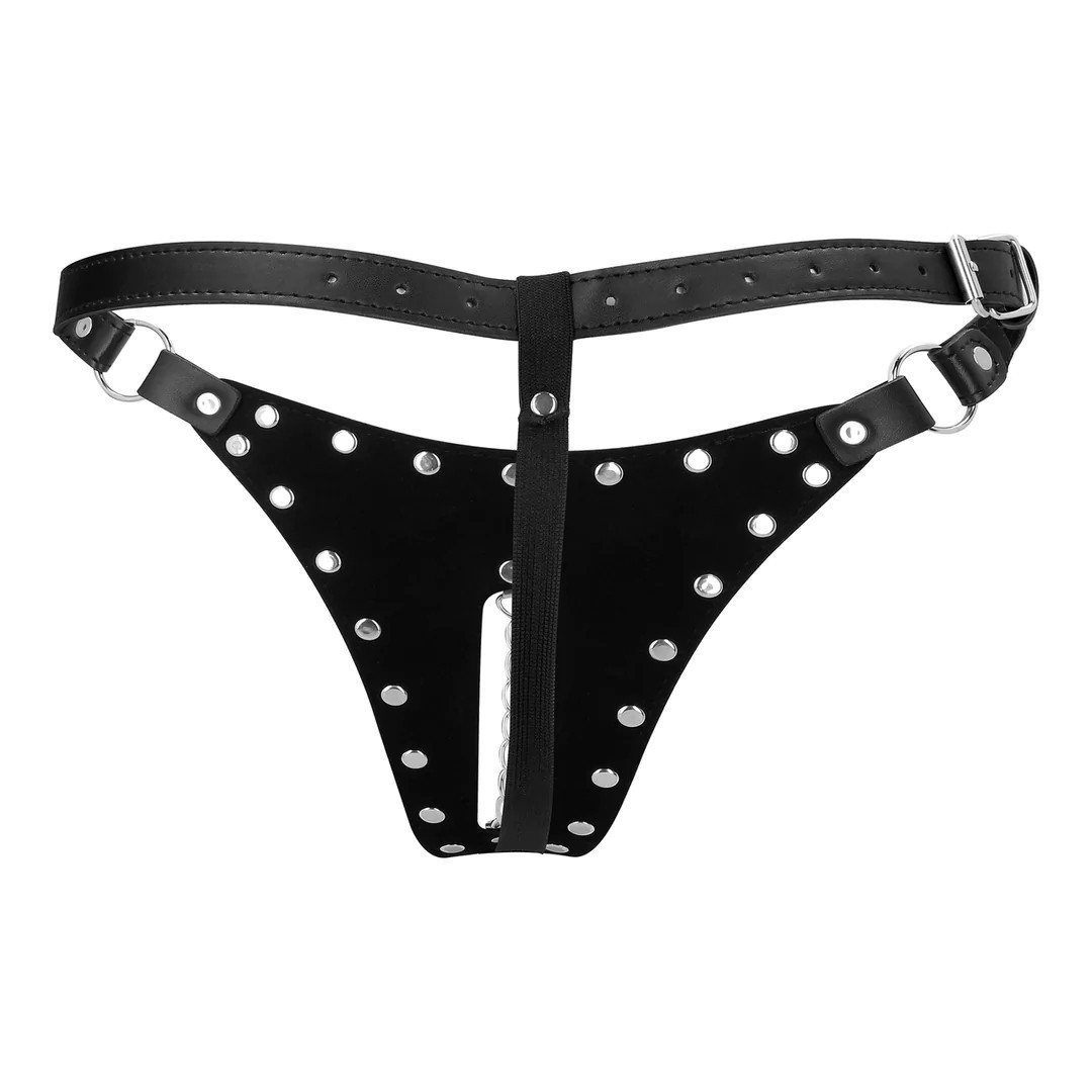 Ouch! PU Leather Chastity Thong with Chain Detail