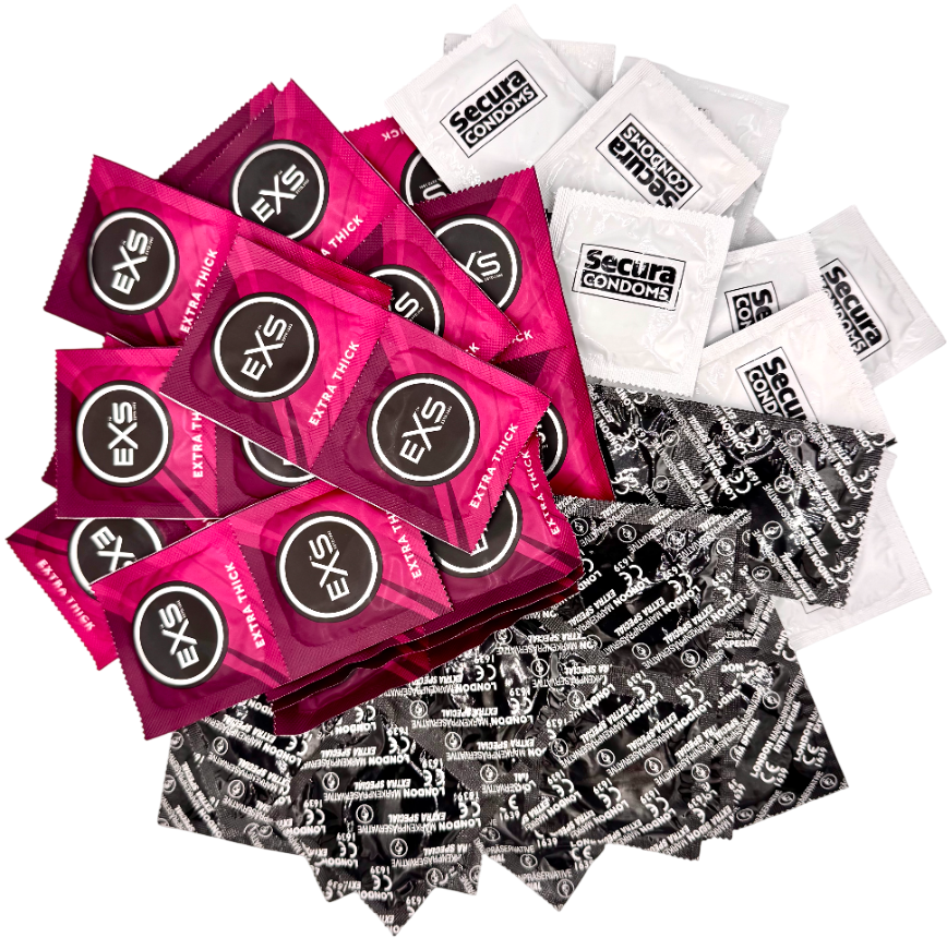 Set prezervativ ranforsat - Anal pack (72 ks) + Lubrifiant anal SE 15ml + cătușe de silicon Handcuffs