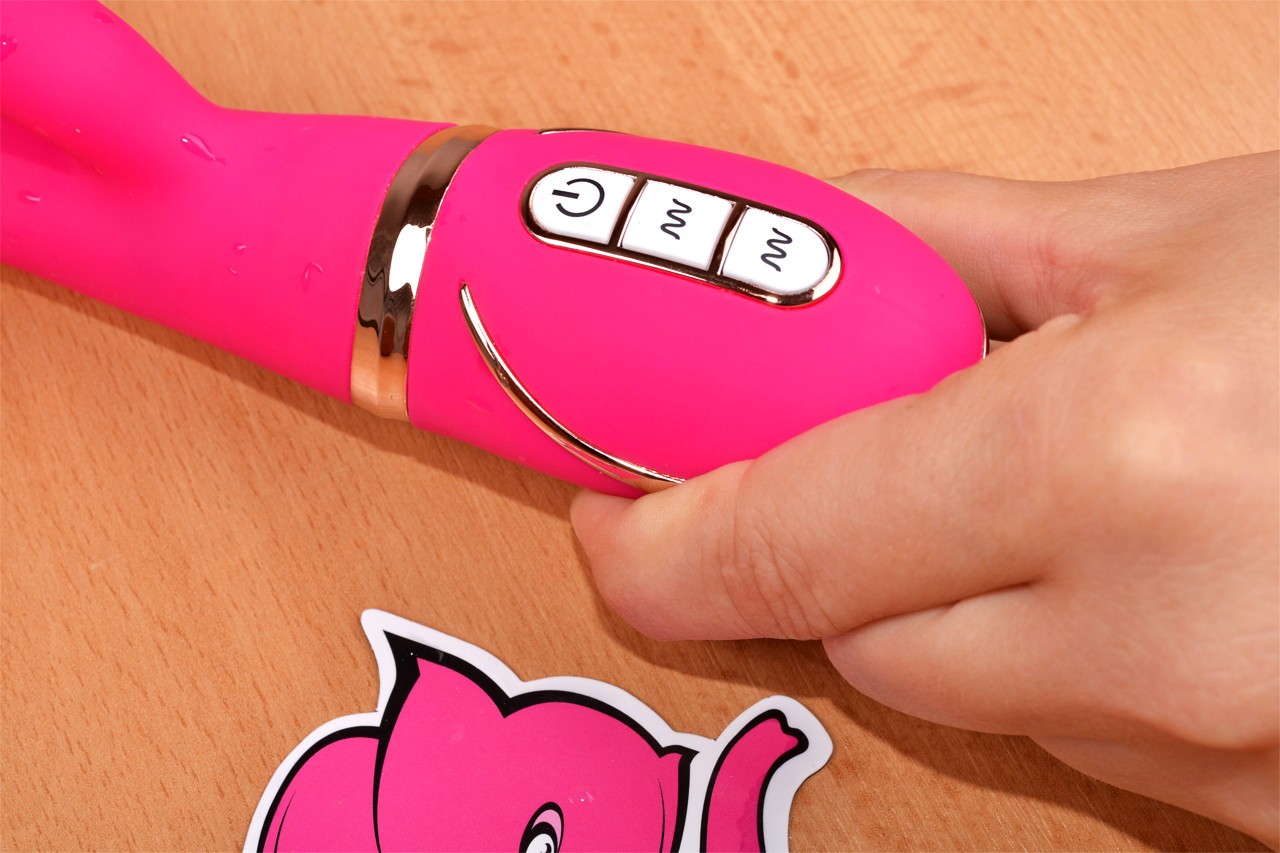 Raspberry Rabbit Vibrator, cu silicon dublu, vedere de aproape a comenzilor